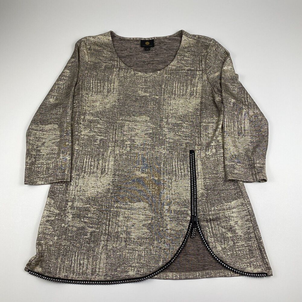 JM Collection Womens Shirt Medium Metallic Abstract Rhinestone Zipper Glam Party